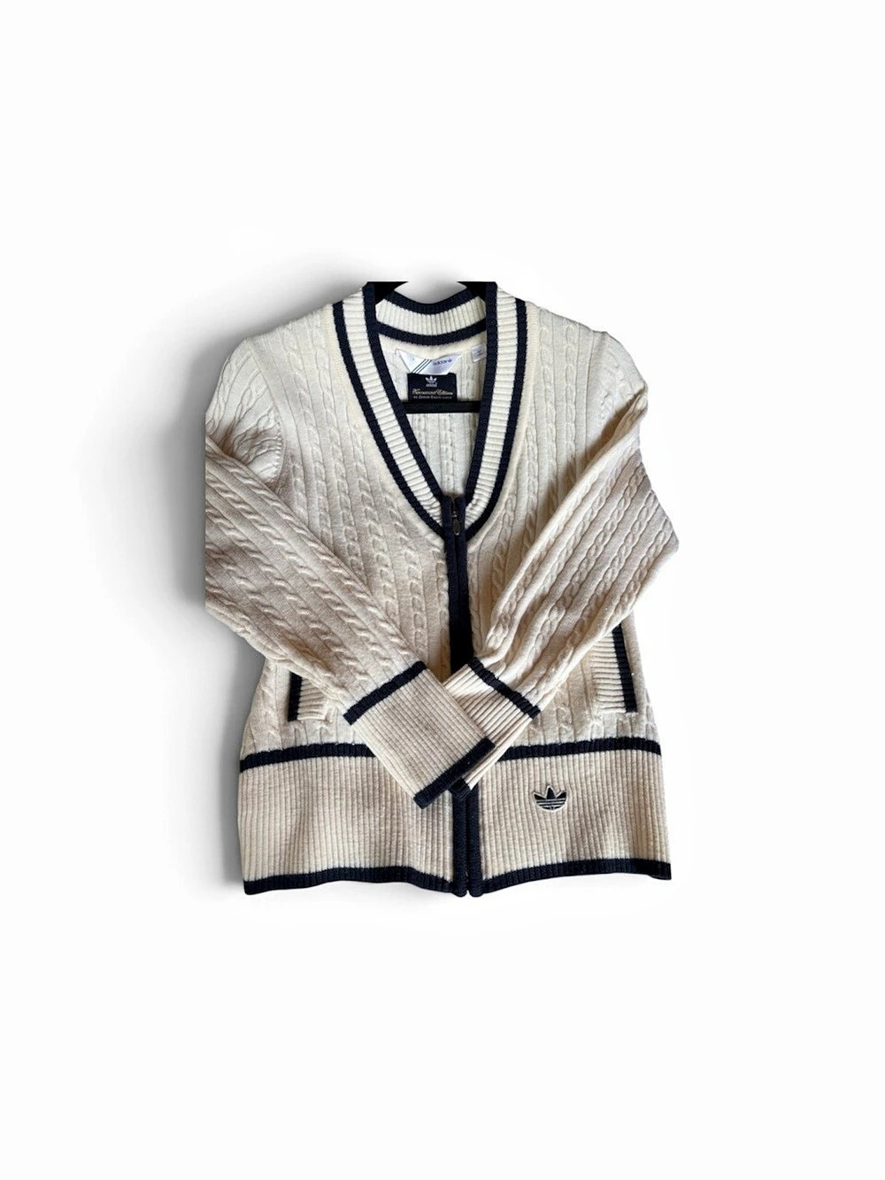 adidas Cable Knit Cardigan Full-Zip Cream & Navy Knit Cardigan Like New